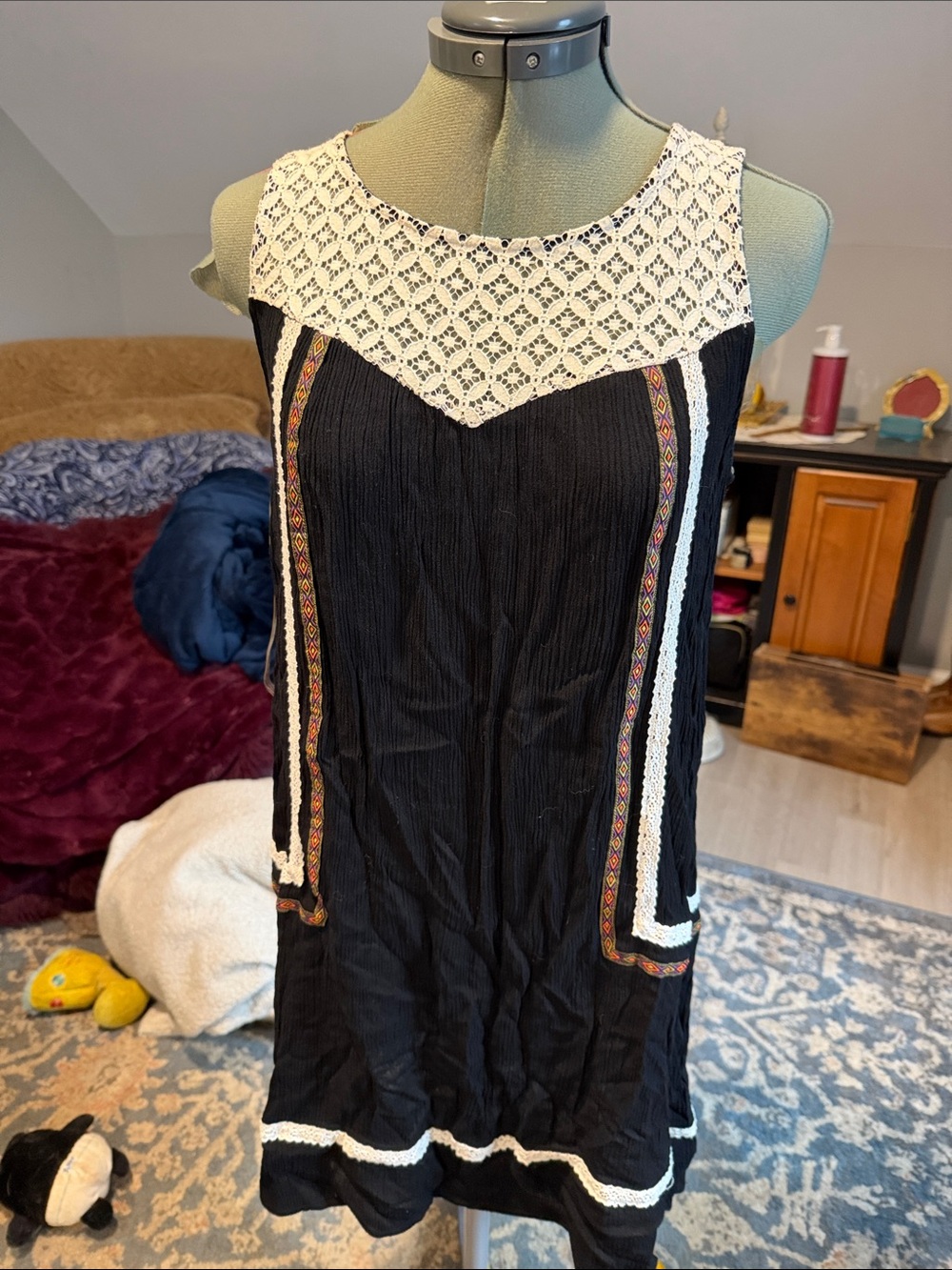 Rewind Black Mini Dress with Cream Crochet Yoke